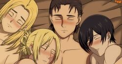 1boy 3girls after_sex annie_leonhardt attack_on_titan black_hair blonde_hair blush brown_hair christa_lenz closed_eyes crimson_loba cuddling eren_jaeger exhausted hair_bun harem historia_reiss long_hair lying_on_back lying_on_person lying_on_side mikasa_ackerman multiple_females multiple_girls shingeki_no_kyojin short_hair smile sweat tied_hair upper_body