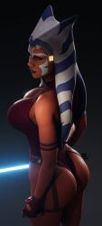 1girls 3d ahsoka_tano alien alien_girl ass athletic_female back_view big_breasts blue_eyes cleavage dat_ass female female_only lekku leotard lightsaber orange_skin pyro_(artist) solo solo_female standing star_wars the_clone_wars:_season_seven thong thong_leotard togruta