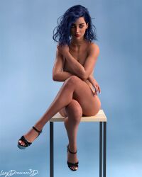 1girls 3d abs blue_hair dyed_hair earrings feet female female_only french_nails high_heels large_breasts lazydreamer3d medium_hair naked_footwear naked_heels naked_necklace navy_blue_hair necklace nose_piercing nude nude_female seated sitting slushe_(website) solo solo_female