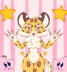 ambiguous_gender anthro blush breasts cameltoe clawroline claws felid female fluffy_ears genitals group happy hi_res kirby kirby_(series) kirby_and_the_forgotten_land leopard long_claws male male/female mammal navel neck_tuft nintendo nintendo_switch pantherine pixyfox23 pussy simple_background smile solo tuft video_games