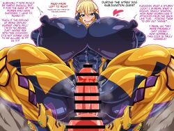 abs absurd_res blush bodysuit canine canine_penis cosplay darkness_(konosuba) gigantic_breasts heart huge_breasts huge_nipples keke_(kekekue) kono_subarashii_sekai_ni_shukufuku_wo! latex muscular_female muscular_thighs muv-luv nipple_bulge nipples nipples_visible_through_clothing penis penis_awe steam takamura_yui thick_thighs translated zoophilia