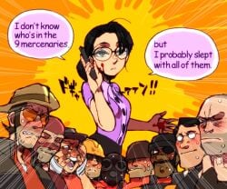 9boys bald bald_man blood blushing demoman embarrassed engineer engineer_(team_fortress_2) english_text female female_focus funny gas_mask glasses hat heavy_weapons_guy helmet male medic medic_(team_fortress_2) meme miss_pauling purple_shirt pyro pyro_(team_fortress_2) safe safe_for_work scout scout_(team_fortress_2) sfw sniper_(team_fortress_2) soldier soldier_(team_fortress_2) spy spy_(team_fortress_2) team_fortress_2 text text_bubble