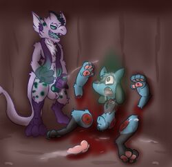 anthro axelshane bodily_fluids bondage bound cum death drizzle_(axelshane) duo erection fur genital_fluids genitals gore male male/male male_death nintendo nude open_mouth penis pokémon_(species) pokemon riolu smooth_skin snuff telekinesis unknown_species video_games