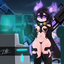 black_hair bodysuit breasts denva9 flaming_horn latex_suit original_character phantasy_star_online_2 purple_eyes tail