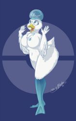 anthro bird breasts duck feathers female female hanging_breasts large_breasts nintendo nipples pokemon pokemon_sv quaxly short_hair solo tekandprieda_(artist) wings