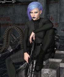 1girls 3d black_lipstick blue_hair clothed clothing dyed_hair female female_only goth gray_hair gun holding_gun holding_object holding_rifle holding_weapon indoors kira_(lazydreamer3d) large_breasts lazydreamer3d leg_up lipstick looking_at_viewer minigun nose_ring one_leg_up pixie_cut purple_hair rifle sci-fi science_fiction seated short_hair sitting slushe_(website) solo solo_female two-tone_hair weapon