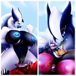 absurd_res anthro areola aurin_heartfil aurin_the_lucario avian big_breasts bird bludraconoid blue_areola blue_nipples breasts calypso_(bludraconoid) canid canine duo female genitals hi_res huge_breasts larger_female legendary_pokémon lucario lugia male male/female mammal nintendo nipples pink_pussy pokemon pokemon_(species) pussy size_difference smaller_male video_games