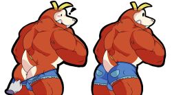 2022 anthro anus ass balls barely_visible_balls barely_visible_genitalia biped blush bulge exclamation_point fuecoco game_freak genitals humanoid_hands lewdookami male muscular muscular_male nintendo pokémon_(species) pokemon pokemon_sv red_body solo_focus surprise video_games