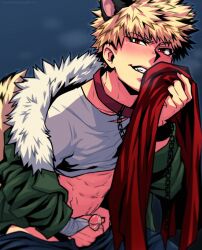 1boy abs alek_reyes animal_ears bandaged_arm bandages blonde_hair blue_background blush chains coat collar fur_collar fur_hood green_coat highres katsuki_bakugou looking_at_viewer male_focus male_masturbation male_only masturbation my_hero_academia penis precum red_eyes shirt spiked_hair spiky_hair tail teeth toned toned_male web_address werewolf white_shirt wolf_ears wolf_tail