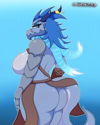 2022 anthro bandage big_breasts big_butt blazkenzxy blue_eyes blue_hair breasts broken_horn clothing digital_drawing_(artwork) digital_media_(artwork) dragon female hair horn huge_breasts jewelry looking_at_viewer looking_back partially_clothed reptile scalie scar scarf signature simple_background solo thick_thighs vambraces water wingless_dragon