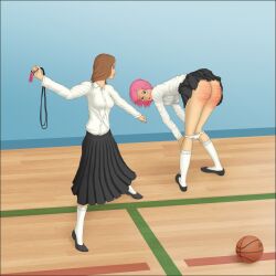 2girls ass basketball bending_over bent_over bondage bottomless cable_spanking female female_only femdom femsub mongoringo multiple_girls pink_hair school_uniform schoolgirl schoolgirl_uniform skipping_rope spank_marks spanked spanking spanking_ass tears