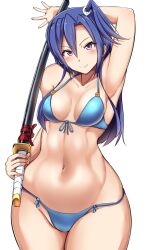 ahoge arm_up armpits bikini blue_bikini blue_hair blush breasts closed_mouth female katana kazanari_tsubasa legs_together long_hair looking_at_viewer medium_breasts navel one_side_up purple_eyes senki_zesshou_symphogear shiny shiny_hair shiny_skin simple_background smile solo standing swimsuit sword thighs toned weapon white_background yottan