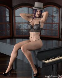 1girls 3d abs arms_up athletic athletic_female blue_hair bracelet dyed_hair earrings female female_only high_heels indoors lace lace_choker large_breasts lazydreamer3d lingerie lipstick looking_at_viewer panties piano pinup seated short_hair sitting slushe_(website) solo solo_female top_hat