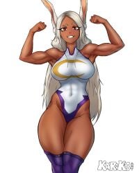 1girls big_breasts breasts bunny_ears bunny_girl color colored curvy dark-skinned_female dark_skin eye_contact female female_focus female_only flexing flexing_arms flexing_bicep flexing_both_biceps front_view fully_clothed kariksart large_breasts leotard long_hair looking_at_viewer miruko muscular muscular_female my_hero_academia only_female red_eyes rumi_usagiyama simple_background smile smiling smiling_at_viewer solid_color_background solo solo_female tagme thick_thighs thighhighs thighs toned toned_female voluptuous white_background white_hair