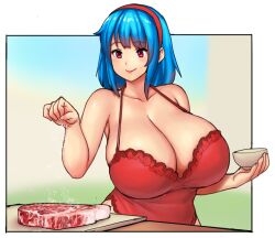 bangs bare_shoulders blue_hair bowl breasts chemise cleavage closed_mouth collarbone cooking cutting_board errorkazoo eyebrows_visible_through_hair female food hairband halterneck highres holding holding_bowl huge_breasts meat medium_hair original original_character red_eyes red_hairband rina_atherina rina_atherina_(errorkazoo) salt smile solo