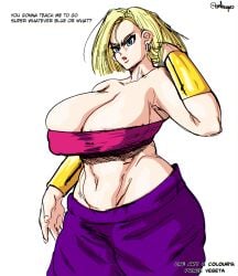 1girls alternate_version_available android_18 big_ass big_breasts big_butt blonde_hair blue_eyes bra bracelet caulifla_(cosplay) dragon_ball dragon_ball_super dragon_ball_z earrings edit embo english_text loose_clothes muscular_female nipples nipples_visible_through_clothing open_mouth prince_vegeta short_hair shounen_jump thick_thighs tight_clothing white_background