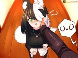 :( :0 ? ?! aisle annoyed big_breasts black_bow black_hair black_sneakers breasts cat_ears cat_girl cat_humanoid cat_tail catgirl cute_face embarrassed feline female female_focus glasses looking_at_viewer looking_up owo pointy_chin the_kurieta thick_thighs thighhighs thighs touching_face twitch twitter virtual_youtuber white_hair white_socks youtube youtube_hispanic