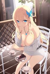 blonde_hair blue_eyes boku_wa_tomodachi_ga_sukunai breasts cait cake dessert exhibitionism female large_breasts long_hair looking_at_viewer nipples sena_kashiwazaki sitting solo table