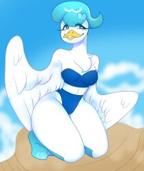 anthro bikini bird breasts cristim200_(artist) duck feathers female nintendo pokemon pokemon_sv quaxly short_hair solo wide_hips wings