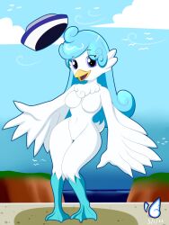 anthro bird blue_eyes breasts duck feathers female female hat imaginespacedragons long_hair nintendo pokemon pokemon_sv quaxly solo wings