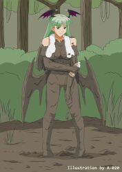 1girls a-020 aftermath bare_shoulders bat_wings blush breasts bridal_gauntlets clothing darkstalkers female green_eyes green_hair head_wings large_breasts leotard long_hair looking_at_viewer medium_breasts messy morrigan_aensland mud muddy quicksand sinking solo succubus tagme thick_thighs towel water_bottle