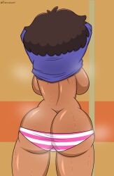 1girls alternate_version_at_source amphibia arms_up ass ass_cleavage back_view backboob big_ass big_breasts breasts brown_hair butt_crack clothing disney_channel female female_only hourglass_figure meme milf mrs._boonchuy oum_boonchuy panties purple_shirt ryukoredraw shimapan short_hair solo striped_panties sweat thai thick_thighs tight_clothing trenchgazer undressing watermark