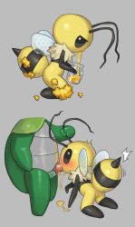 1boy 1girls abdomen anthro bee bee_girl beetle blowjob blush blushing bug_fables dominant_male honey kabbu_(bug_fables) kneeling male/female penis pollen pulling pussy shocked shocked_expression tosx vi_(bug_fables) wings