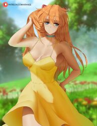 1girls araneesama asuka_langley_sohryu blue_choker blue_eyes choker cleavage clothing covered_nipples cutesexyrobutts_(style) day dress female medium_breasts neon_genesis_evangelion no_bra orange_hair sagging_breasts sleeveless sleeveless_dress solo sundress teenager yellow_dress