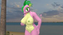 3d 3d_(artwork) anthro beach big_breasts breasts digital_media_(artwork) dragon female friendship_is_magic genitals hasbro hi_res mtf_crossgender my_little_pony nipples non-mammal_breasts nude papadragon69 pussy rule_63 seaside smooth_skin solo spike_(mlp) tongue tongue_out