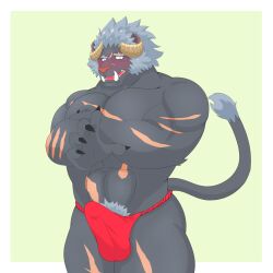 1:1 1boy abs alpha_channel anthro asian_clothing azu_(pixiv) blush clothed clothing east_asian_clothing erection erection_under_clothing fundoshi hi_res horn japanese_clothing krampus_(tokyo_afterschool_summoners) lifewonders looking_at_viewer male male_only monster muscular muscular_male pecs pubes scar shy simple_background solo tokyo_afterschool_summoners transparent_background underwear video_games