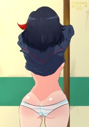 1girls 2022 ass ass_cleavage black_hair blue_and_white_striped_panties breasts butt_crack canon_panties female female_only kill_la_kill matoi_ryuuko meme nipples noroniko panties pierced_nipples piercing rear_view red_hair red_highlights ryukoredraw shimapan sideboob undressing