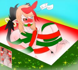 ball_gag blush christmas cock_ring fanart femboy gag gift_box red_bow tail wrapped_up ziryorition