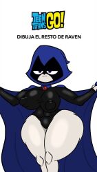 1girls areolae belly big_breasts big_nipples big_thighs bulge cape cartoon_network cloak curvy dc dc_comics digital_media_(artwork) goth hips hood jewel knees nipple_bulge nipples nipples_visible_through_clothing pale_skin purple_eyes rachel_roth raven_(dc) red_jewel revealing_breasts shaded spandex spanish_text straight_hair swimsuit teen_titans teen_titans_go thiccgumbear wide_hips