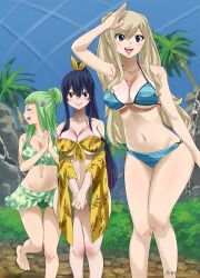 3girls big_breasts bikini blonde_hair blue_eyes blue_hair blue_swimsuit edens_zero female_only gaston18 green_hair green_swimsuit homura_kogetsu kleene_rutherford long_hair mole_under_eye multiple_girls rebecca_bluegarden red_eyes swimsuit thick_thighs twintails yellow_swimsuit