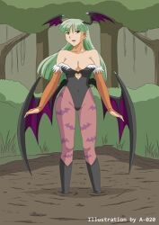 1girls a-020 bare_shoulders bat_print bat_wings blush breasts bridal_gauntlets clothing darkstalkers female green_eyes green_hair head_wings large_breasts leotard long_hair looking_at_viewer medium_breasts morrigan_aensland mud quicksand sinking solo succubus thick_thighs