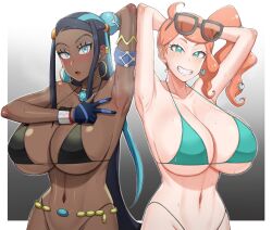 2022 2girls :o ahoge alternate_breast_size armpit_fetish armpits arms_behind_head arms_up bikini bikini_top black_hair black_lingerie blue_eyes blue_gloves blue_highlights breasts chocolate_and_vanilla cleavage collar cyan_eyes dark-skinned_female dark_skin female female_only glasses glasses_on_head hair_accessory hair_ornament handplug hands_behind_head hi_res high_resolution highlights hoop_earrings huge_breasts light-skinned_female light_skin long_hair looking_at_viewer naughty_face nessa_(pokemon) nintendo orange_hair pokemon pokemon_ss pulse side_ponytail slim_waist smile sonia_(pokemon) suggestive_look teal_eyes