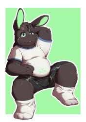 absurd_res aciag anthro balls_outline black_body black_fur boxer_briefs bulge clothing detailed_bulge footwear fur furry genital_outline hi_res humanoid lagomorph leporid male mammal overweight overweight_male penis_outline rabbit shirt sitting socks t-shirt tattoo topwear underwear