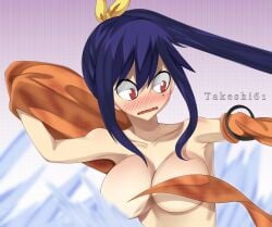 1girls accidental_exposure big_breasts blue_hair covered_nipples edens_zero embarrassed embarrassed_nude_female homura_kogetsu long_hair mole_under_eye ponytail red_eyes sole_female solo surprise surprised surprised_expression takeshi61_(artist) upper_body