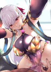 1boy armlet armor bangs bare_shoulders bikini_armor blush breasts censored circlet clothed_female_nude_male clothed_sex collar cowgirl_position cum cum_in_pussy detached_sleeves dress earrings endou_(zettai_bluenoid) fate/grand_order fate_(series) female floral_print hair_ribbon highres jewelry kama_(fate) large_breasts leaning_forward licking_lips long_hair looking_at_viewer metal_collar nude pelvic_curtain penis purple_dress purple_legwear purple_sleeves red_eyes ribbon sex sideboob silver_hair smile straddling straight thighhighs thighlet thighs tongue tongue_out vaginal_penetration