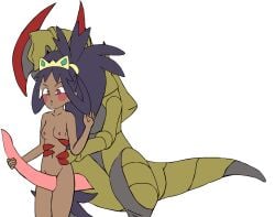 1boy 1girls animated breasts breasts_out color colored eyebrows female haxorus human iris_(pokemon) long_hair male_pokemon/female_human naked nintendo nude nude_female pokemon pokemon_bw pokemon_bw2 pokephilia purple_hair red_eyes tiara transparent_background w.t.dinner white_background white_sclera