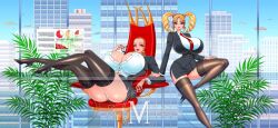 2girls akiranime anna_(akiranime) bakunyuu black_footwear black_high_heels black_legwear black_shoes black_stockings blonde_hair blue_eyes buildings bursting_breasts business_attire business_dress business_suit business_woman city_background curvaceous curvy_females drill_hair drill_locks drill_twintails enormous_breasts eyebrows eyelashes eyeliner eyeshadow eyewear_in_mouth glass_table glasses_in_mouth hi_res high_heels high_resolution highres hourglass_figure huge_breasts indoors leg_stockings legwear lips lipstick looking_at_viewer makeup massive_breasts mature_female mature_woman microdress milf minidress mother_and_daughter multiple_girls necktie nicole_(akiranime) office office_chair original original_characters pencil_skirt princess queen red_necktie revealing_clothes royalty seductive_eyes seductive_look seductive_smile sitting sitting_on_chair sitting_on_table skyscraper slicked_back_hair smile smiling_at_viewer straining_buttons tight_clothing tight_fit tight_skirt twintails unbuttoned unbuttoned_shirt wallpaper white_shirt window