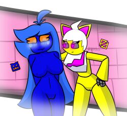 2girls blue_hair blue_skin bottomless davey_(pr0l3t10n) embarrassed female_focus female_only flirting geometry_dash multiple_girls nude nude_female robot robot_girl trianna_(yellolight) white_hair yellolight yellow_skin