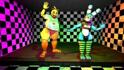 1femboy 1girls 3d anthro bulge bunny chicken clothed clothing female femboy five_nights_at_freddy's five_nights_at_freddy's_2 furry panties performance performing sfm shirt source_filmmaker t-shirt thick_thighs thong toy_bonnie_(fnaf) toy_chica_(fnaf) underwear waving waving_hand