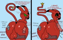 angry anthro ass ass_dough ass_up backsack balls bent_over big_ass big_balls big_butt blush blush_lines bodily_fluids bubble_butt butt_focus butt_grab deep_skin demon denum_(sillygoose) ears_back ears_down femboy gay genitals glistening glistening_body glistening_skin green_eyes grope_from_behind hand_on_butt heart hi_res holding_butt humanoid humanoid_hands imp looking_back male male/male male_only markings naked narrowed_eyes nude open_mouth pivoted_ears raised_tail red_body red_butt sillygoose slap small_waist solo solo_male spanking sweat tail_markings tail_motion text thick_thighs tongue wide_hips