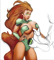 1girls artist_request ben_10 ben_tennyson benfire breasts cartoon_network dc dc_comics female female_ben genderswap_(mtf) green_eyes groping_breasts koriand'r mtf_transformation new_52 omnitrix orange_hair rule_63 starfire tamaranean teen_titans transformation unseen_male_face white_background