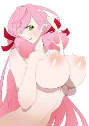 1boy :q akashi_(kantai_collection) breast_suppress breasts cation cum ejaculation female green_eyes huge_breasts ion_(cation) kantai_collection long_hair navel nipples nude paizuri penis photoshop_(medium) pink_hair simple_background straight tongue tongue_out very_long_hair white_background