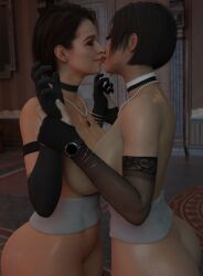 2girls 3d ada_wong ada_wong_(adriana) adapted_costume areolae black_hair breast-to-breast breasts_out brown_hair capcom chaunguyen curvy curvy_figure detached_sleeves duo erect_nipples female female_only high_resolution highres huge_breasts human interracial interracial_yuri jill_valentine jill_valentine_(sasha_zotova) kissing large_breasts light-skinned_female medium_hair necklace pearls resident_evil resident_evil_2 resident_evil_2_remake resident_evil_3 resident_evil_3_remake thick_thighs thighhighs yuri