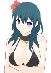 alternate_costume bikini black_bikini black_swimsuit blue_eyes blue_hair breasts byleth_(fire_emblem) byleth_(fire_emblem)_(female) female fire_emblem fire_emblem:_three_houses fire_emblem_heroes looking_at_viewer maplesugar7324 nintendo official_alternate_costume open_mouth solo swimsuit teal_hair