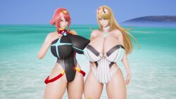 2girls 3d huge_breasts mythra neo_fire pyra tagme water xenoblade_(series) xenoblade_chronicles_2