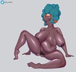 1girls black_body breasts dark-skinned_female dark_skin full_body game_freak hairy_pussy lenora_(pokemon) m_jr_art mature mature_female mature_woman milf milk naked nintendo pokemon pokemon_bw squatting tagme